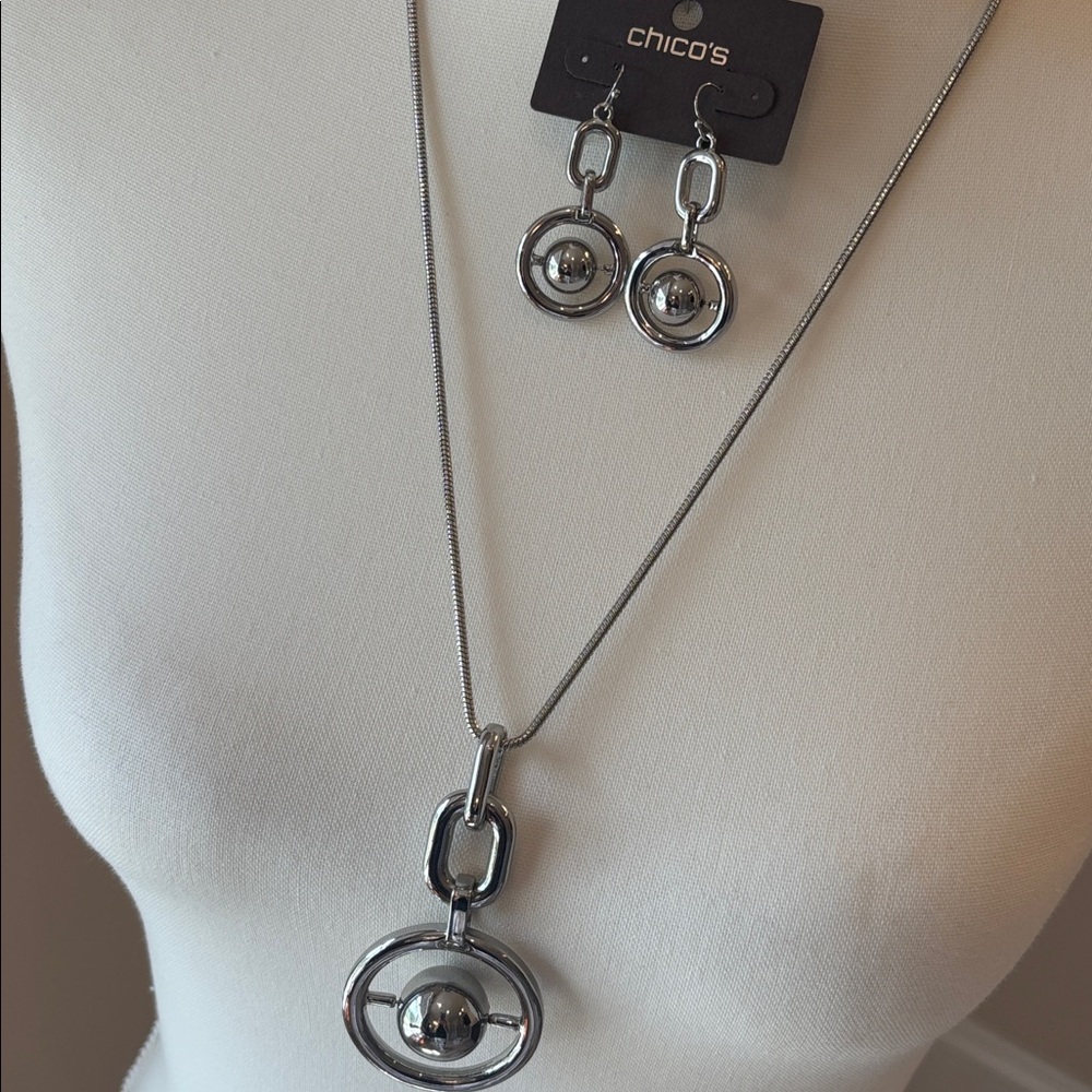 Chico's adjustable Silver-Tone Orb Pendant Necklace with Matching Drop Earrings
